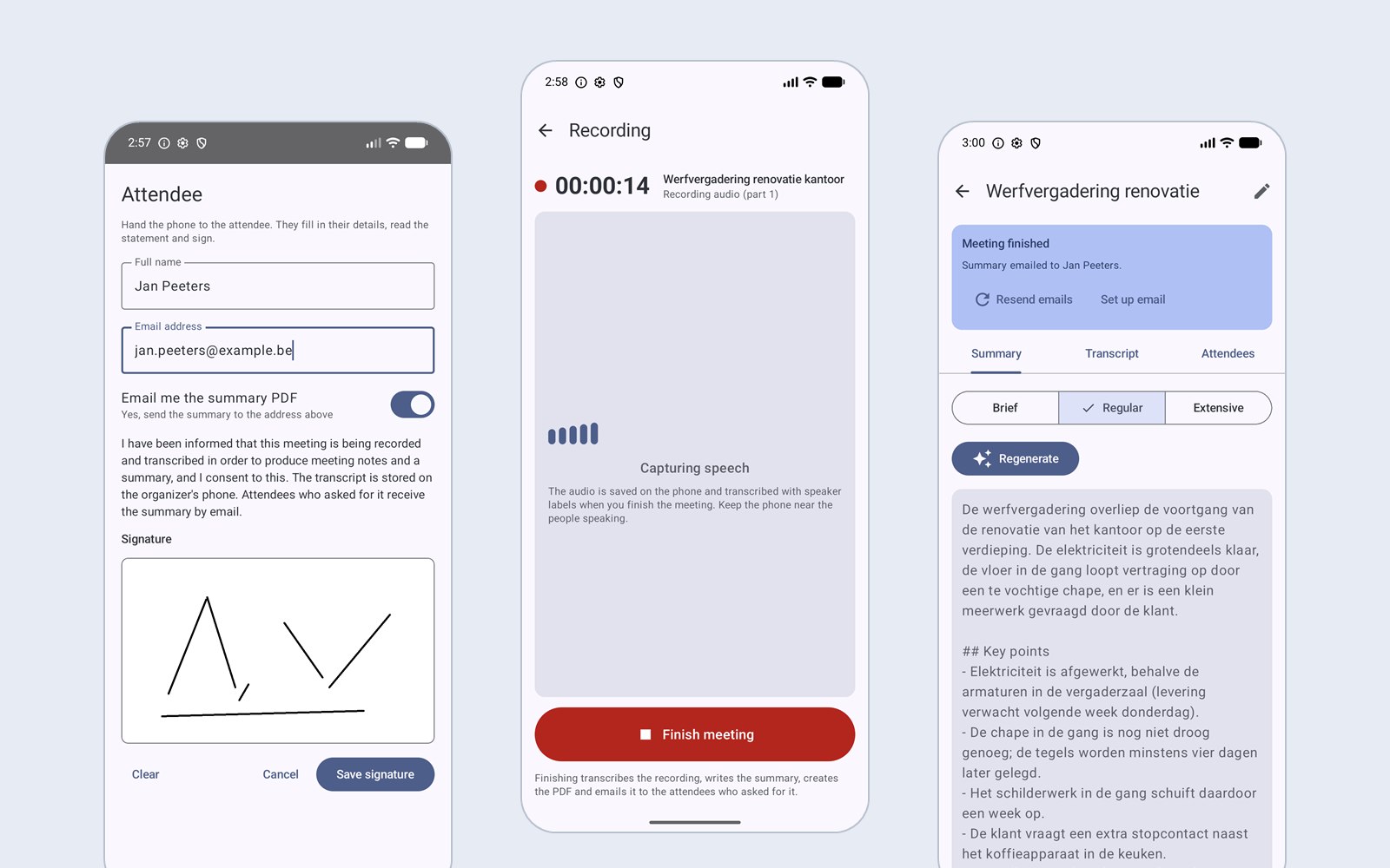 Drie schermen van de Android-app Note-taker: toestemming, opname en samenvatting